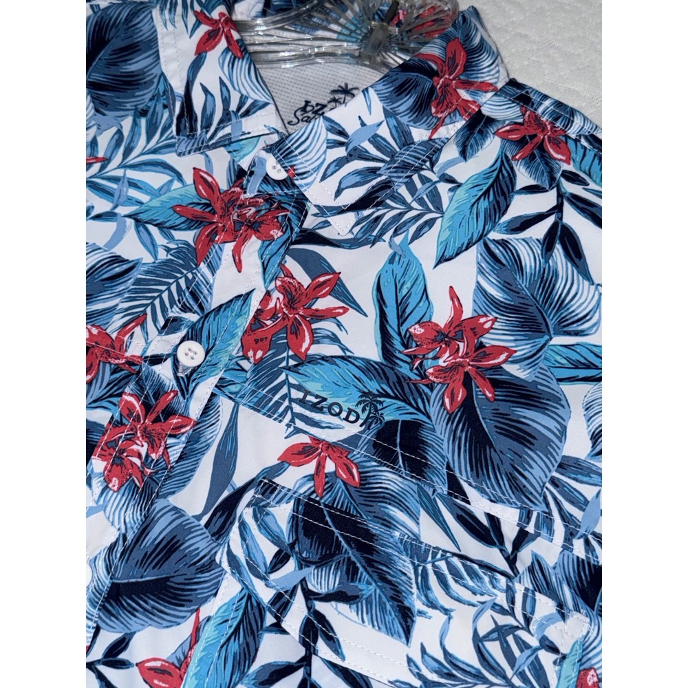 IZOD Button Down Mens Medium Blue Saltwater Tropical Floral UPF-45 Shirt‎